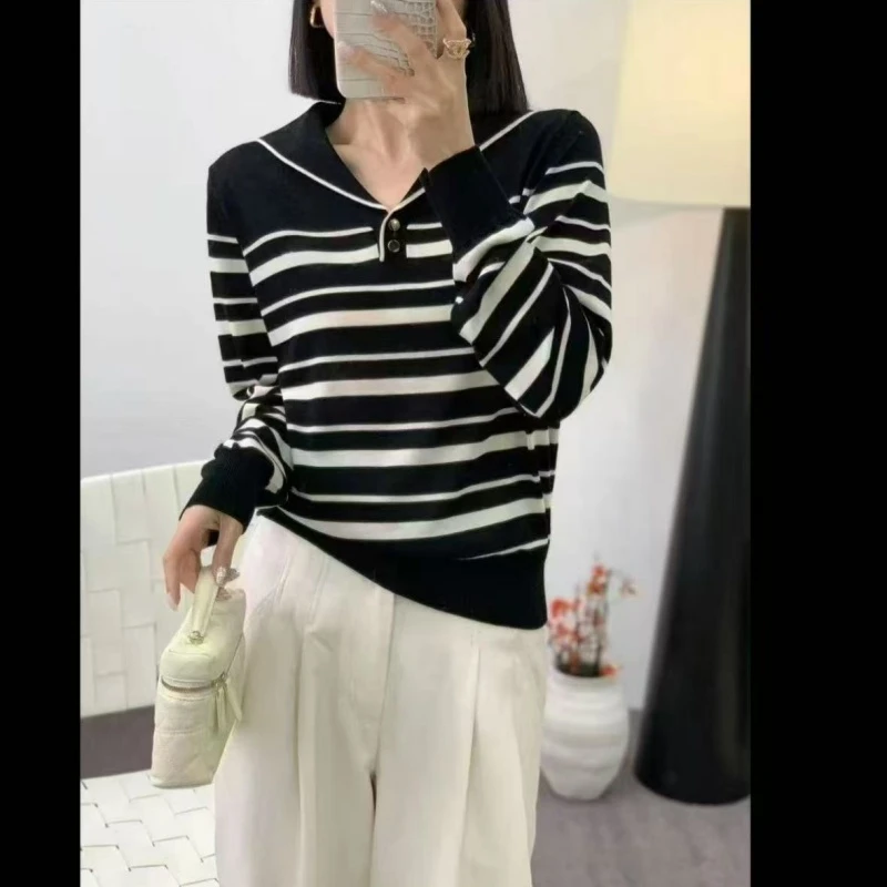 春季新款海军领翻领条纹套头针织衫2025打底长袖上衣女1095