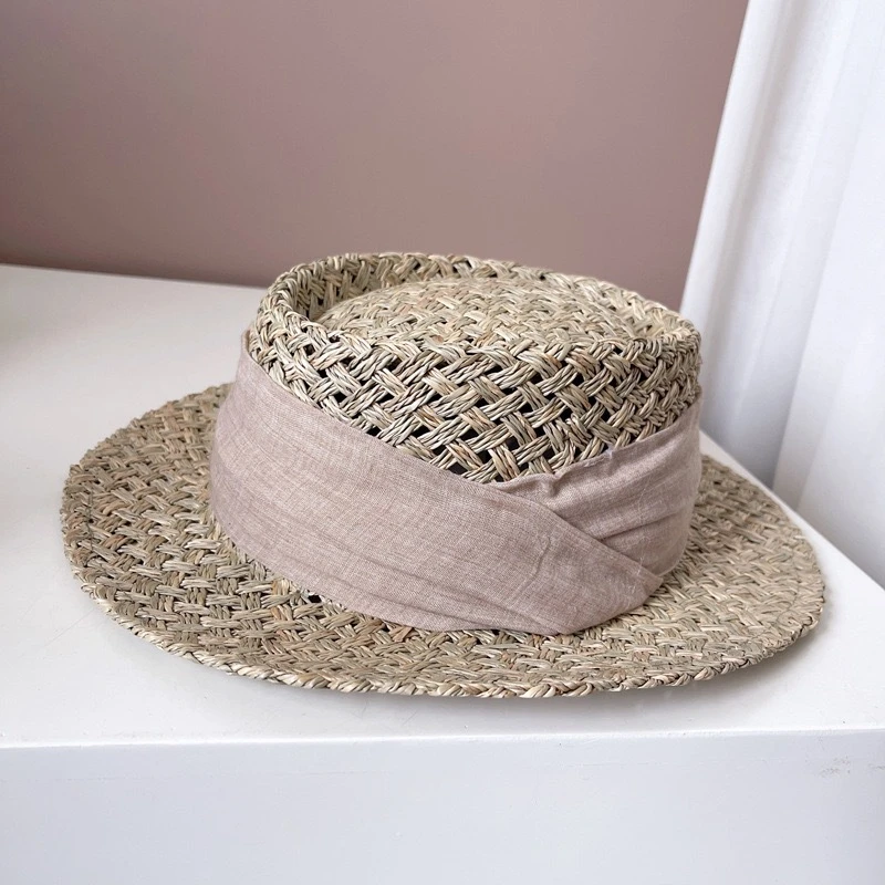 夏季度假草帽女咸草编凹顶礼帽夏天防晒遮阳帽复古百搭休闲沙滩帽