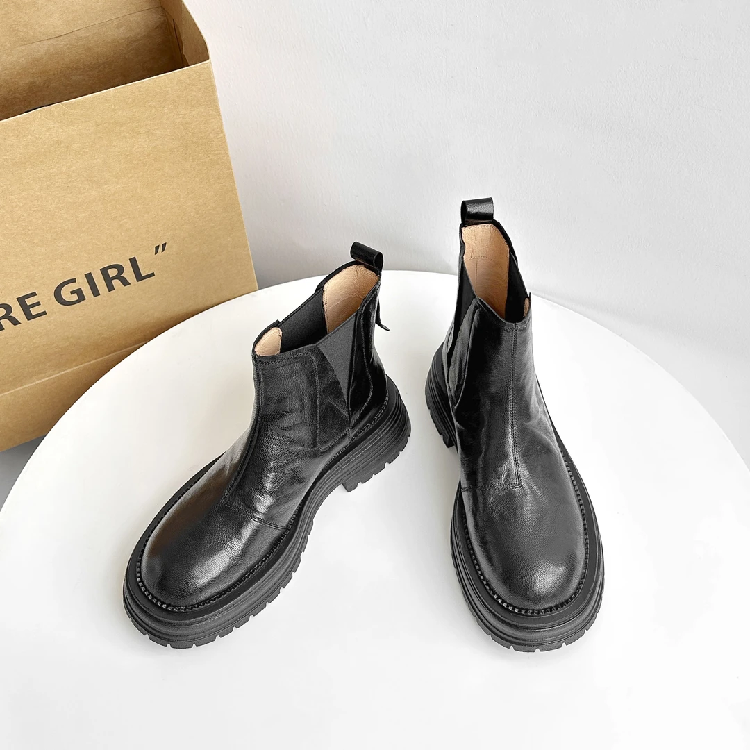 4cm/CL6852牛皮切尔西靴女百搭单靴圆头粗跟短靴短筒