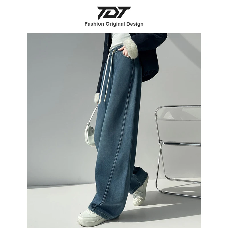 「TDT」秋冬保暖加绒莱赛尔牛仔弯刀裤女高腰宽松显瘦休闲直筒长裤
