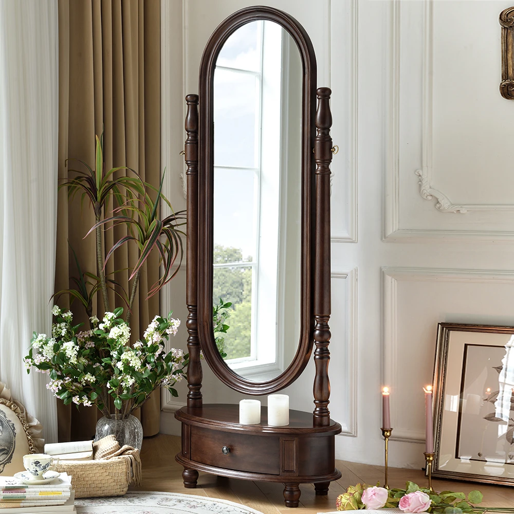 一具一家美式复古实木全身镜家用穿衣镜法式复古带储物椭圆落地镜