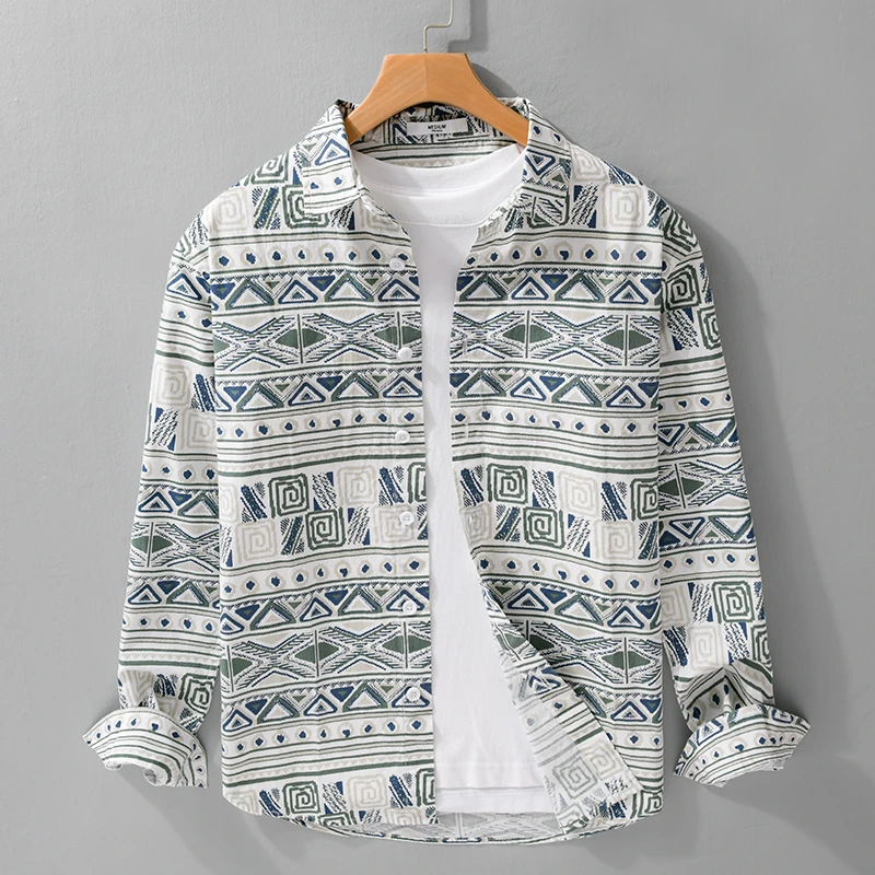 男士长袖衬衫春夏季印花长袖衬衫潮流休闲宽松流行青年时尚男衬衣
