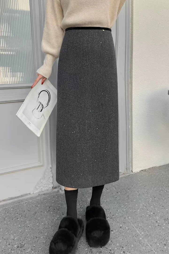 33929#羊毛呢暗闪细碎亮片星空感高腰显瘦气质后开叉半身裙女