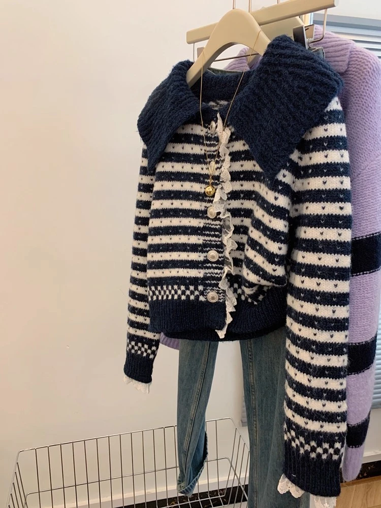 小香风翻领条纹针织衫毛衣外套女2025年秋季宽松软糯慵懒风上衣