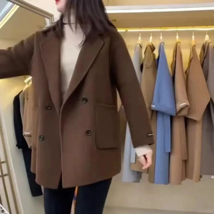 咖啡色西装领双面羊毛大衣女短款2025年新款秋冬韩版宽松毛呢外套