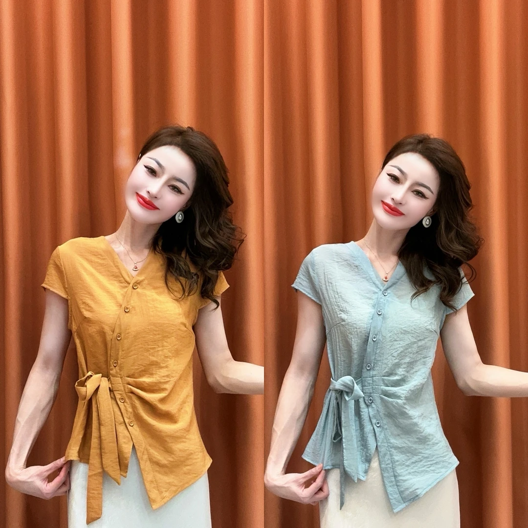 【温柔可视】2025夏季新款设计感飘带V领衬衫时尚百搭减龄短袖上衣