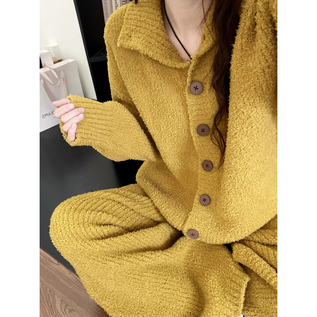 韩系简约纯色半边绒睡衣女冬款新款大码加厚保暖家居服套装可外穿