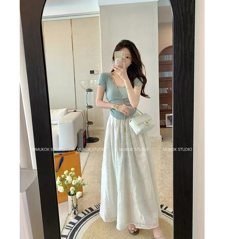 【夏央工厂店】25夏季新款蕾丝半身裙松紧腰气质长裙女#6678