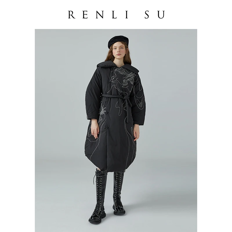 RENLISU仁莉苏独立设计师品牌黑色白鹅绒羽绒服女中长款秋冬款