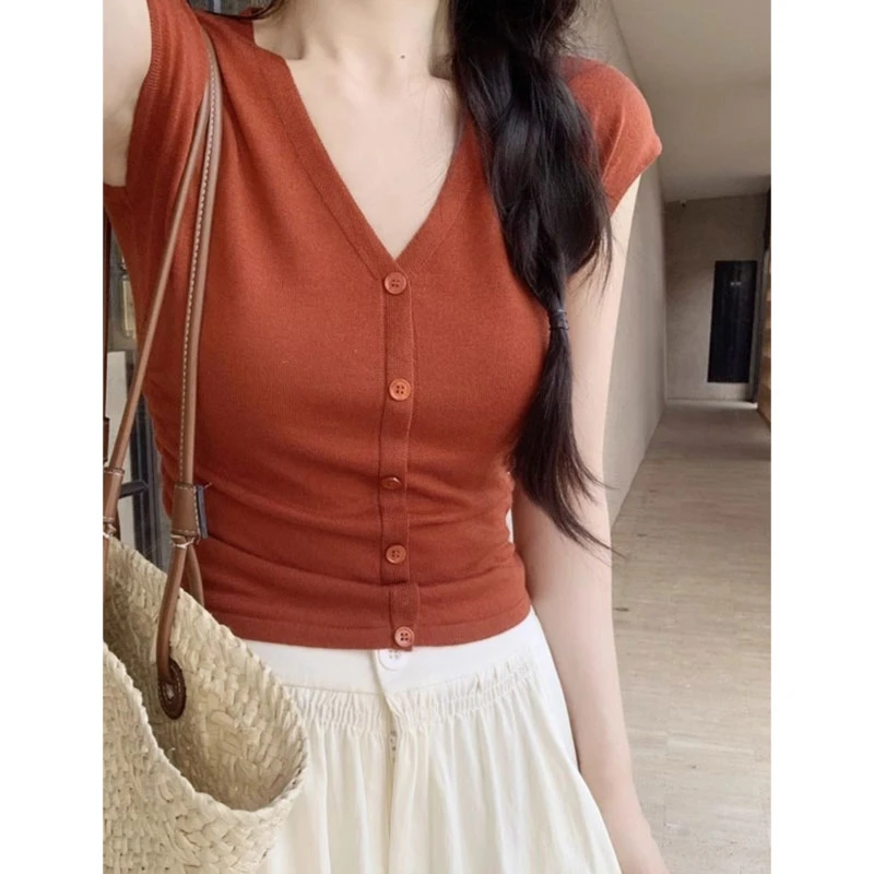 设计感红色v领针织开衫短袖上衣女夏季修身小飞袖正肩短款冰丝T恤