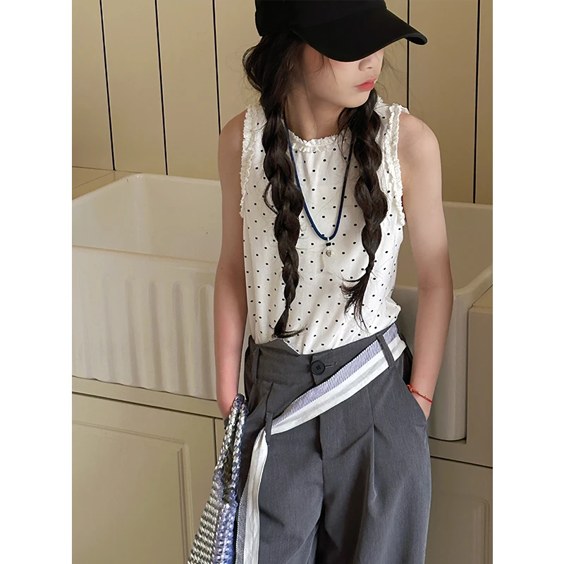 K28022波点蕾丝边女童背心2025夏装新款无袖上衣女大童打底衫内搭