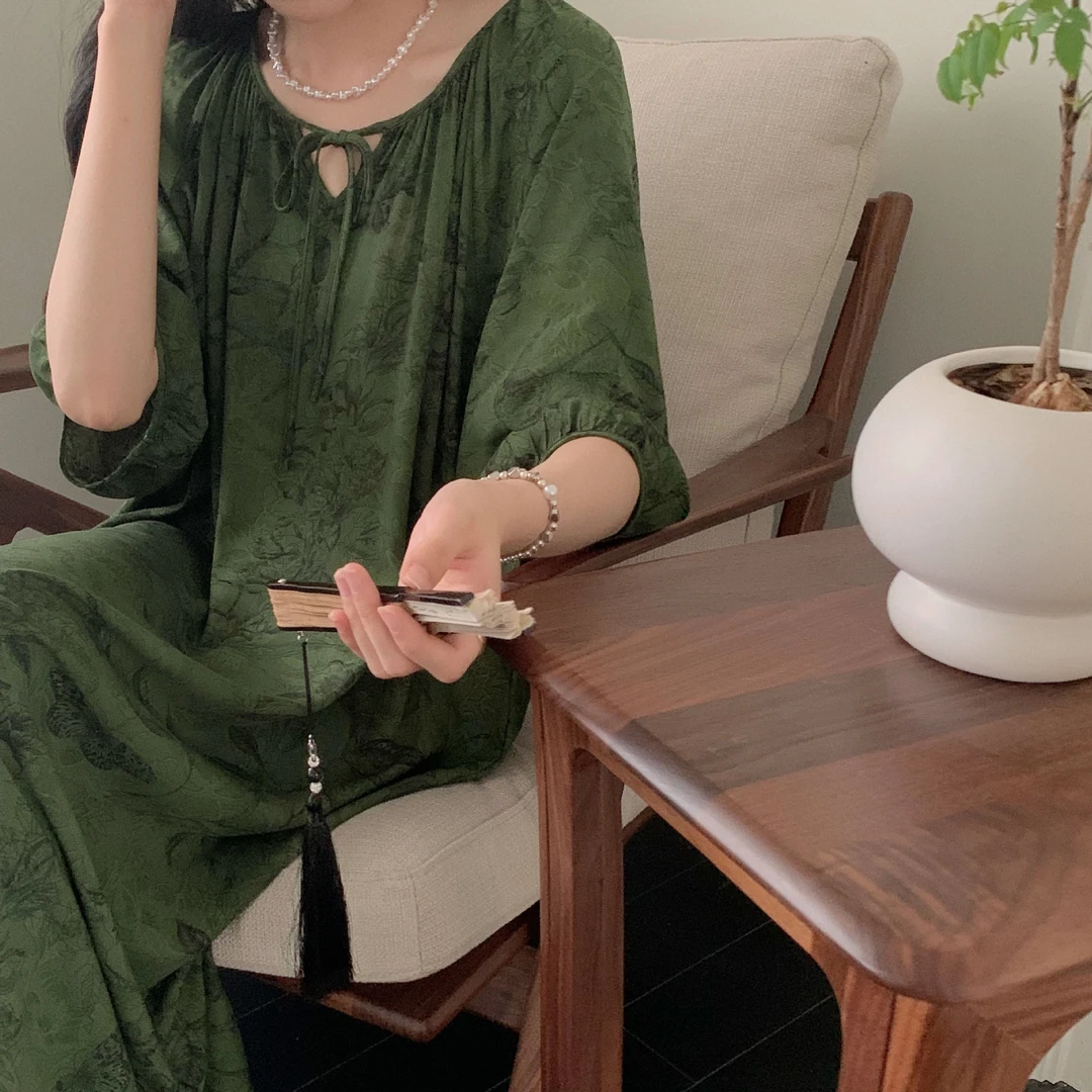 大码睡裙女夏季薄款沙滩长裙绵绸睡衣春秋天女士度假风绵绸家居服