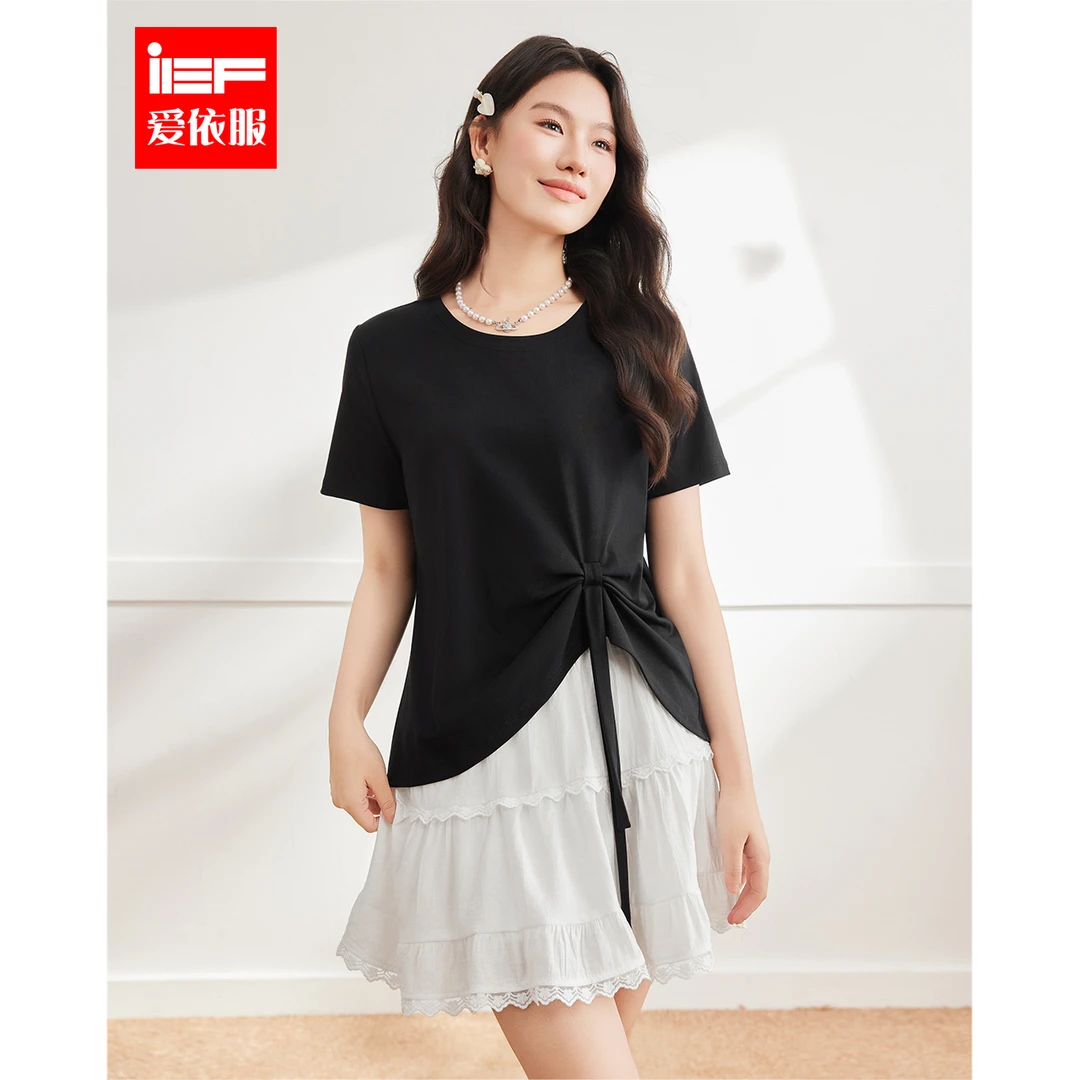 IEF/爱依服2025新款夏季休闲显瘦不规则T恤+蛋糕裙两件套