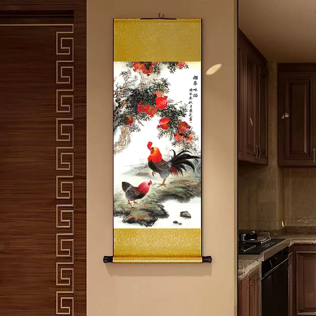 精装140*45《榴华吐焰》中式数字微喷立式挂画卷轴画