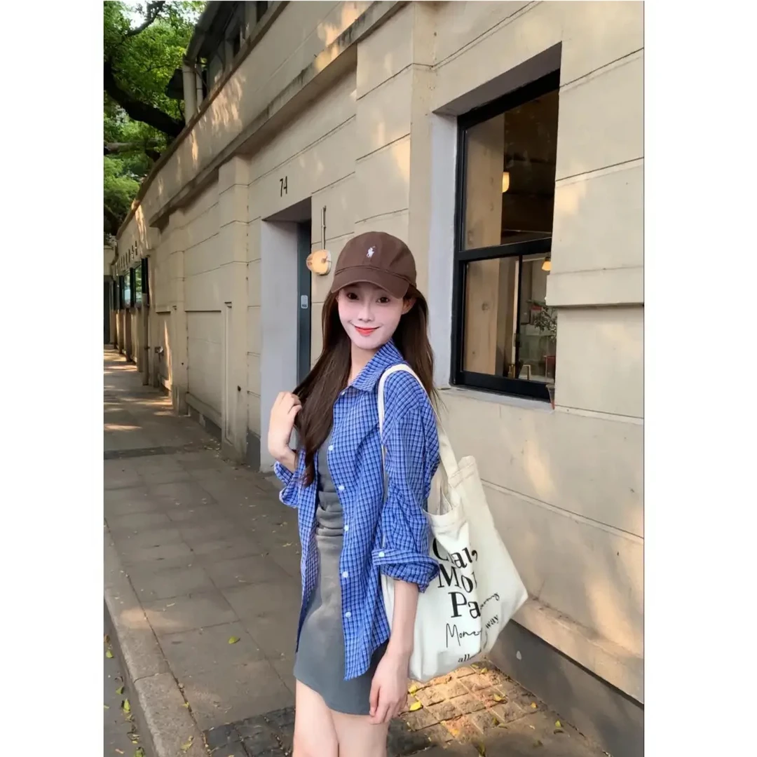 2025早春新款复古蓝格子衬衫女慵懒宽松百搭长袖衬衣外套中长款