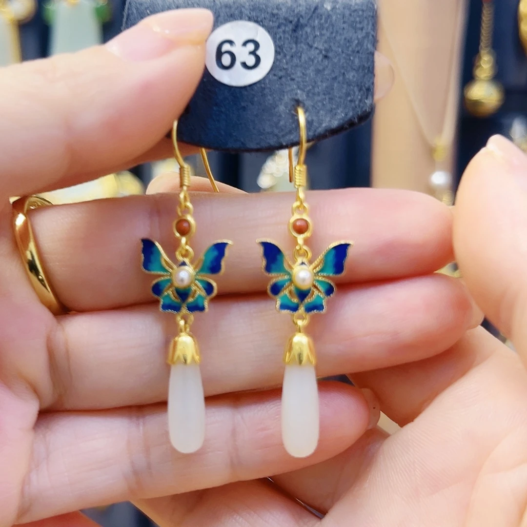 和田玉银S925镀金镶嵌耳饰