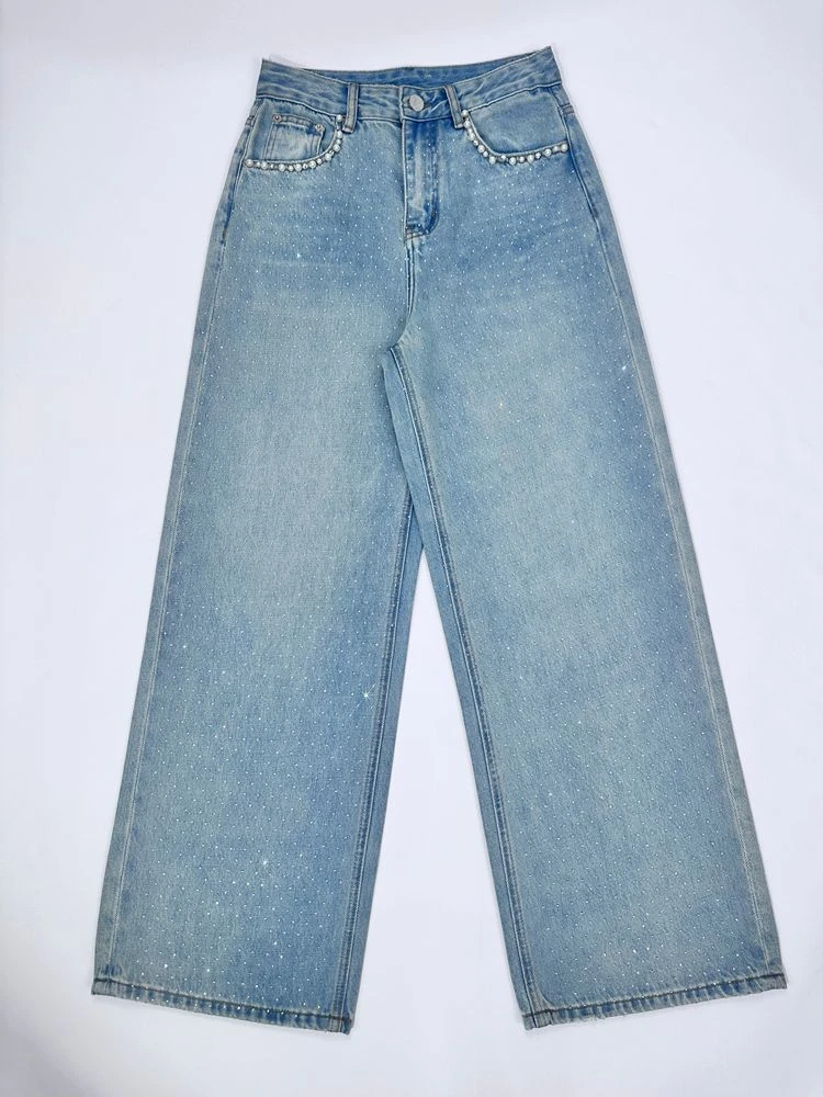 【5003】春夏季新款重工欧货钉珠烫钻阔腿拖地显高高腰阔腿牛仔裤