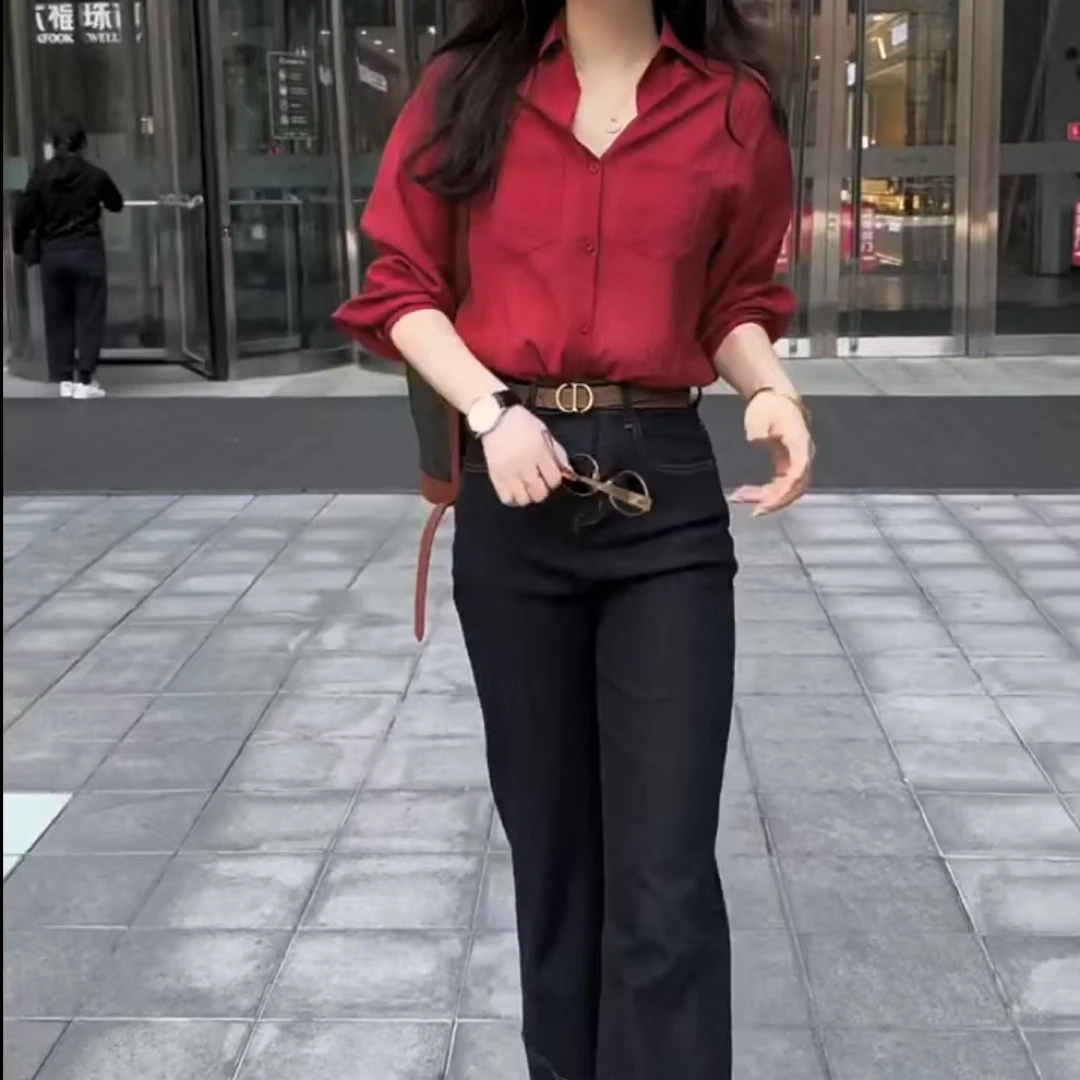 秋季时尚简约百搭上衣高腰直筒裤女装