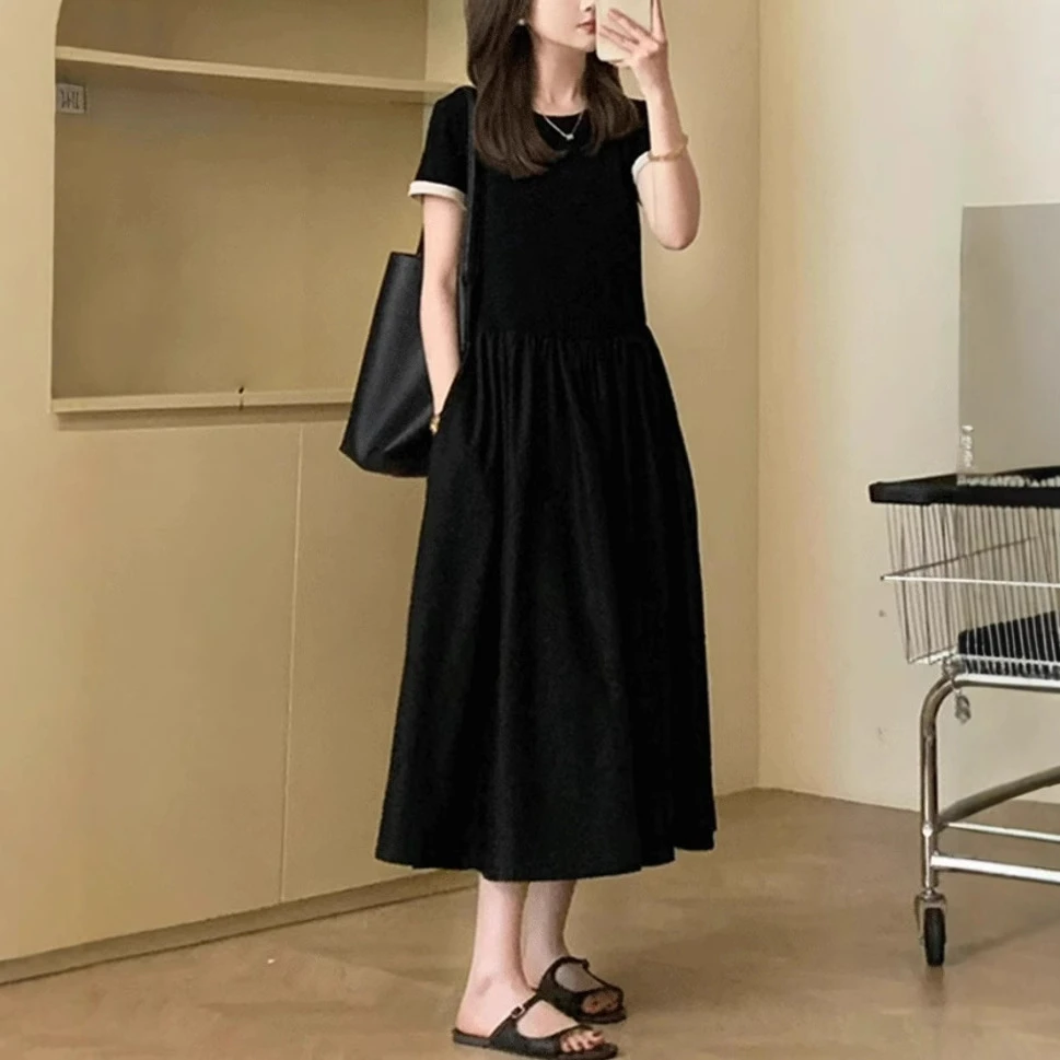 高级感气质黑色长款短袖连衣裙新款女夏季爆款收腰显瘦长裙子