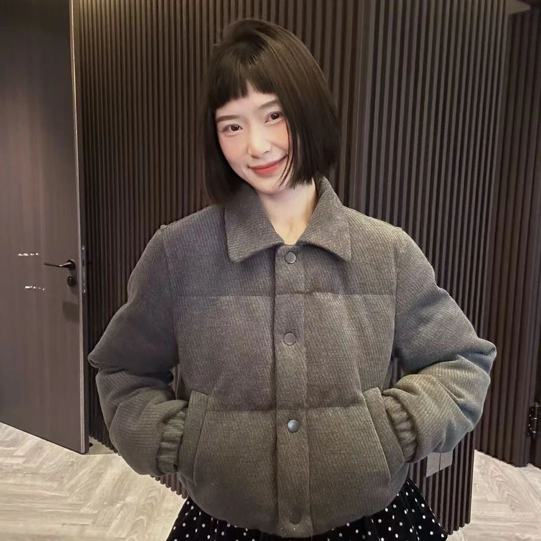 wyd小樱桃 冬季polo领斜纹灰色高级百搭韩系棉服外套