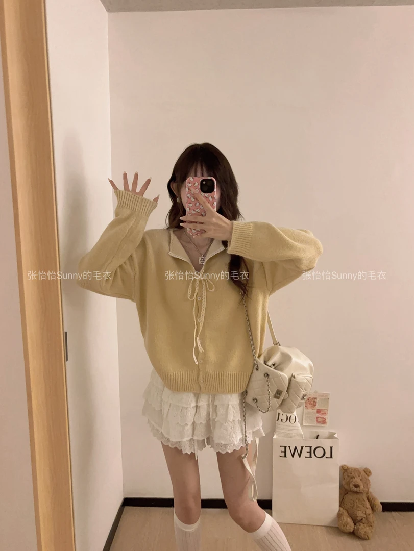 【韩代款～蕾丝拼接系带】温柔甜美风针织开衫纯色秋冬新款女上衣