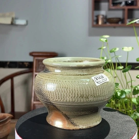 #1438柴烧裸烧窑变玉化只此青绿水洗花插