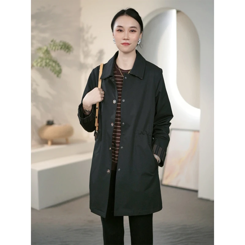 阿吉多黑色中长款风衣外套女秋季新款高级时尚撞色百搭上衣A32783