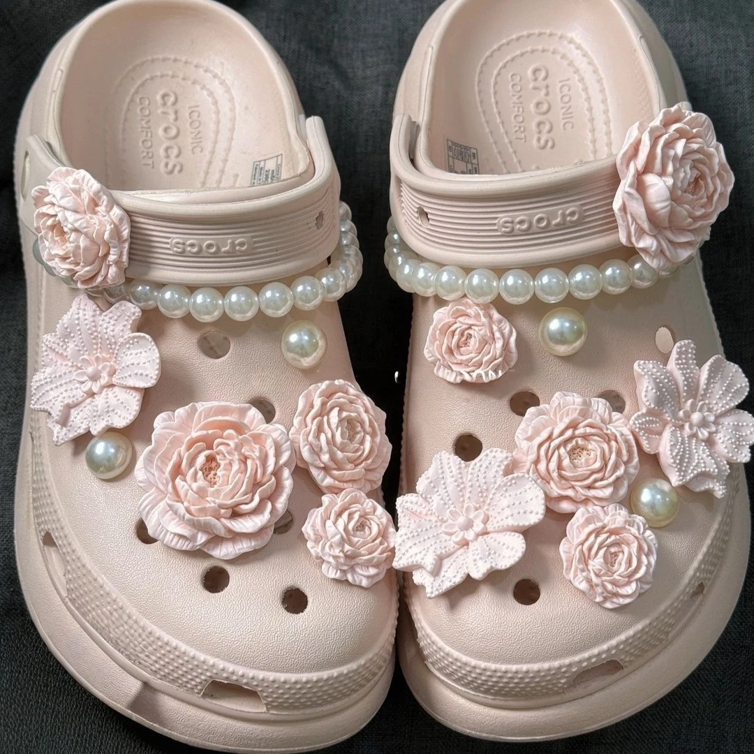 【泡芙花束】洞洞鞋鞋扣粉色白色杜鹃珍珠鞋花配饰8个花4珍珠2链条