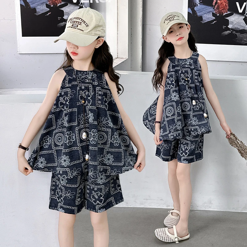 夏季女童印花无袖挂脖娃娃衫套装洋气时髦童装网红时尚薄款清凉