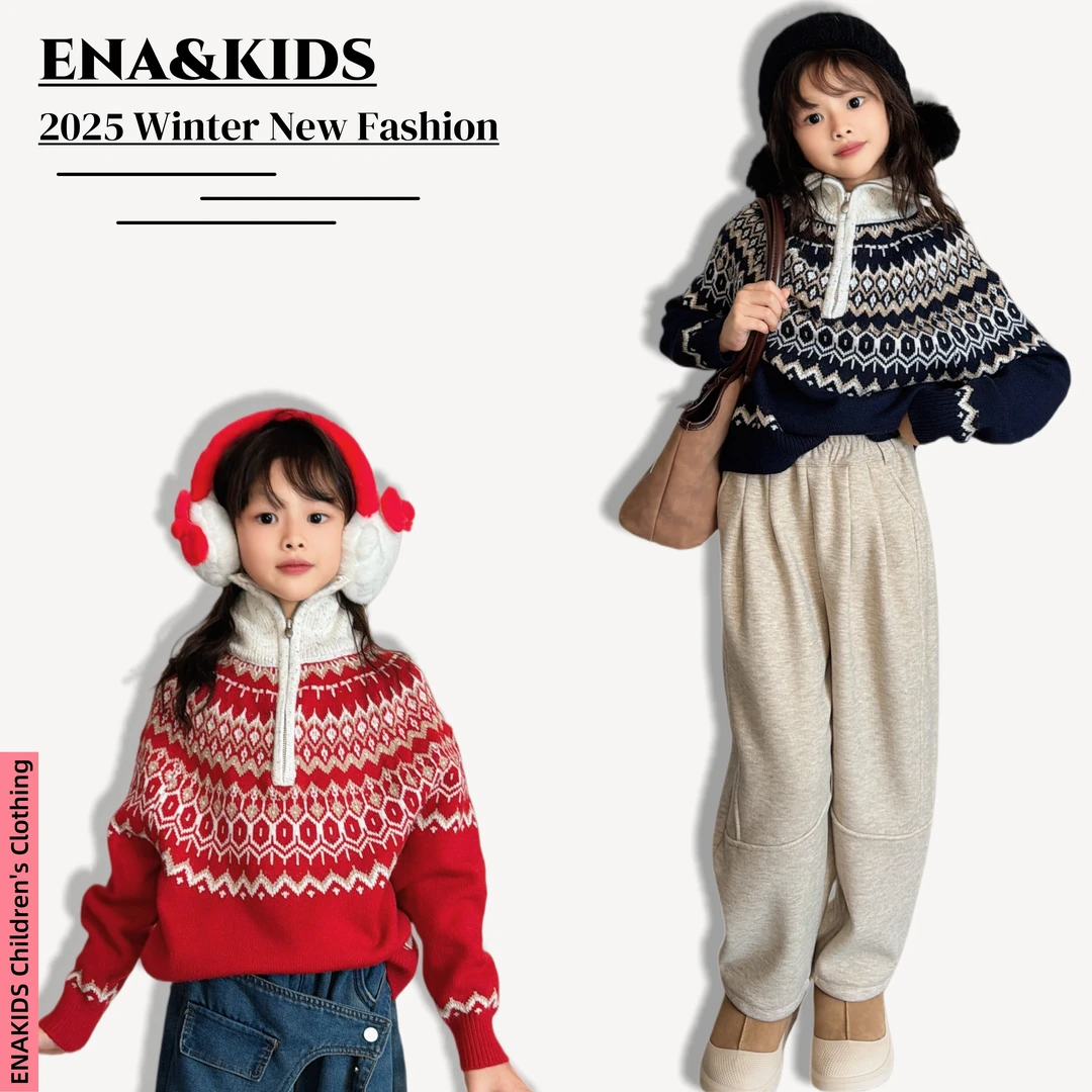 ENA恩娜kids【暖阳小筑】女童秋冬费尔岛提花半拉链加厚保暖毛衣