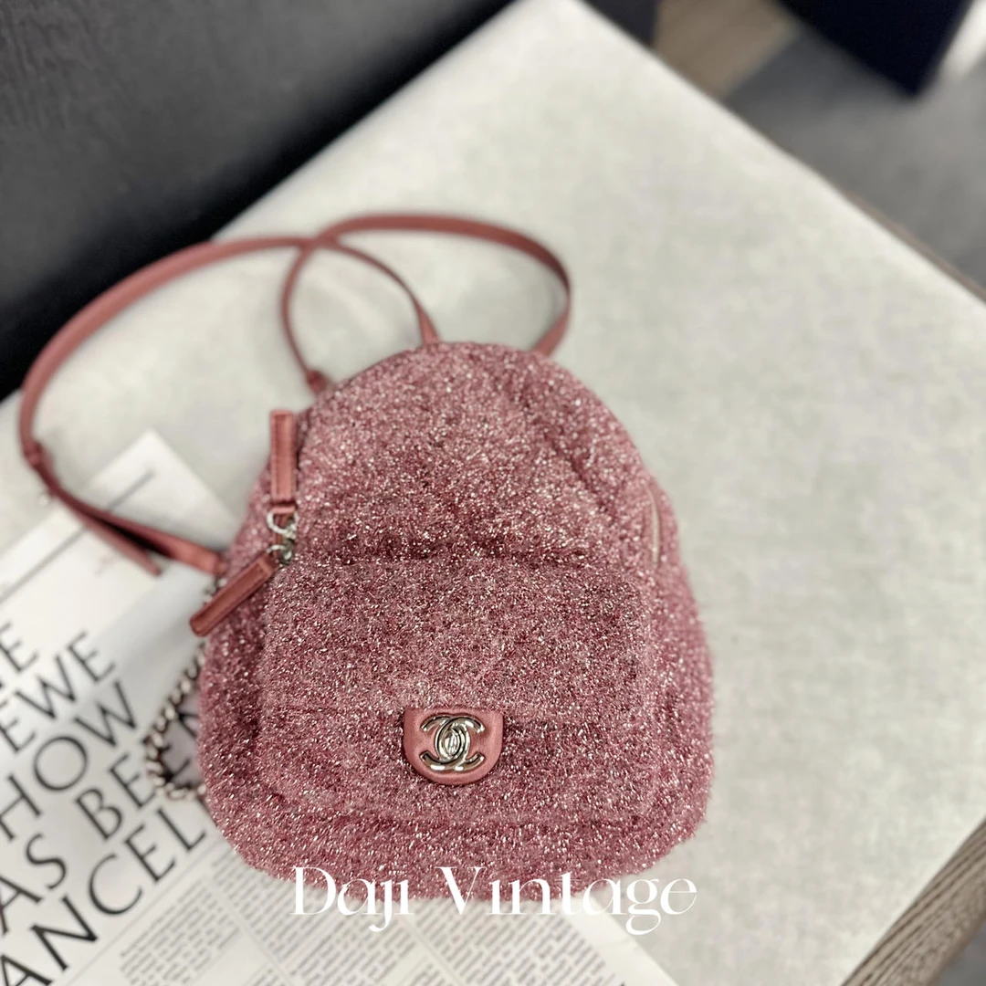 大吉中古/CHANEL香奈儿粉色细闪毛呢双肩包