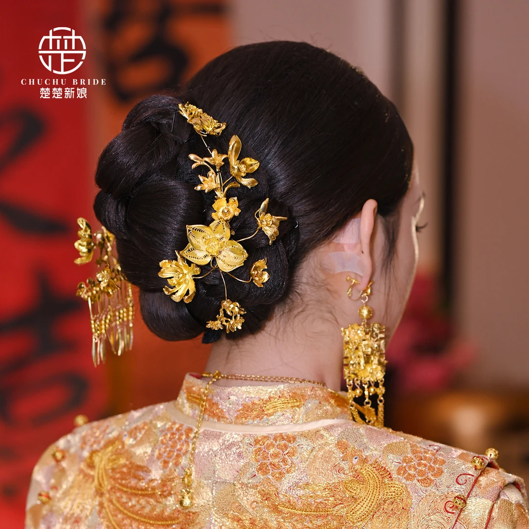 新娘头饰简约龙凤褂造型饰品底盘发侧边花朵发饰秀禾服古装旗袍配