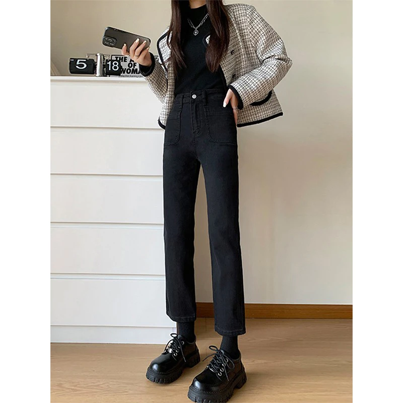 2-300斤胖mm大码女装黑色小个子直筒牛仔裤春秋款显瘦高腰九分裤