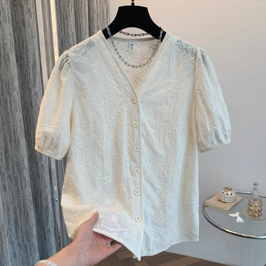 【全额运费补贴】刺绣麦穗包边小众设计感女士衬衫夏季纯棉显瘦短袖