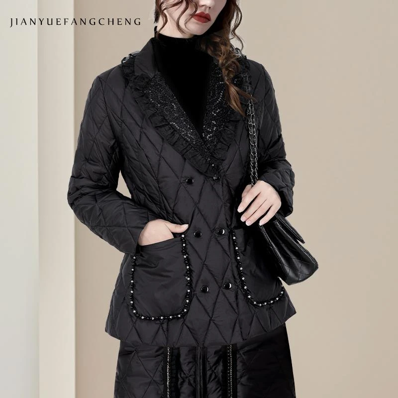 秋冬重工珠片显瘦绣花时尚白鸭绒羽绒服外套女黑色西装领WK245093