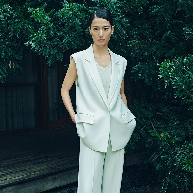 薄荷曼波LANCY/朗姿2024春季新款白色西装马甲无袖坎肩职业衬衫小