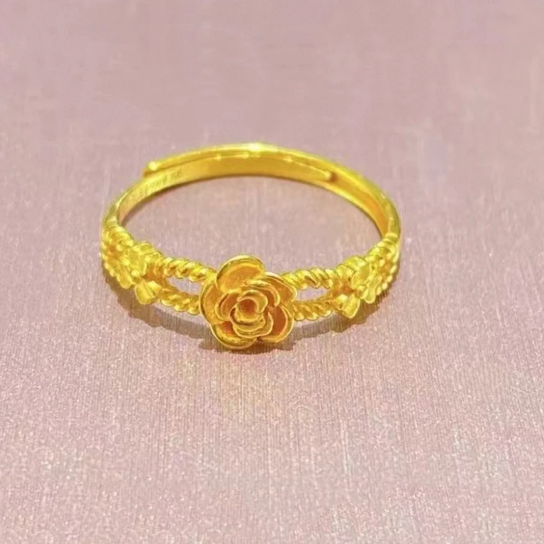 合金戒指 4271合金高级感玫瑰花丝三生花瓣开口戒指