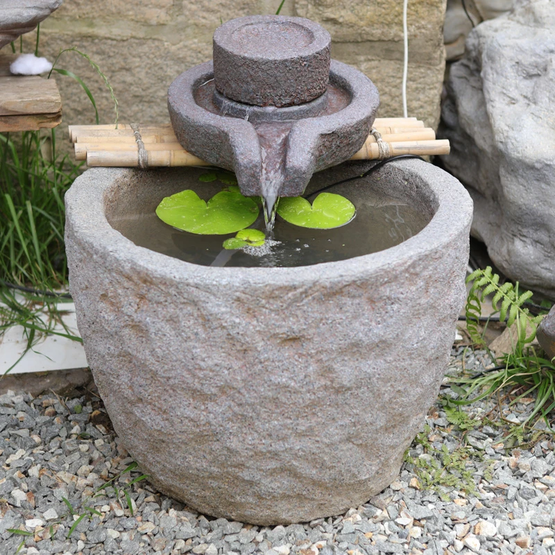 户外人造石石磨流水摆件循环水造景景观生态缸鱼缸民宿院子装饰