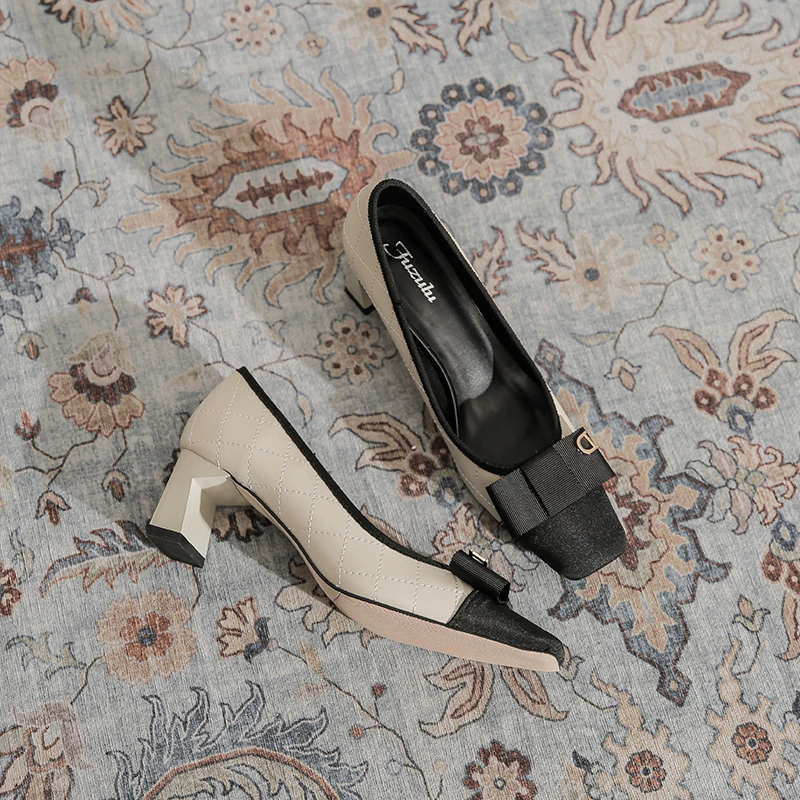 2025新款小香风浅口通勤工作鞋方头玛丽珍单鞋粗跟高跟鞋女