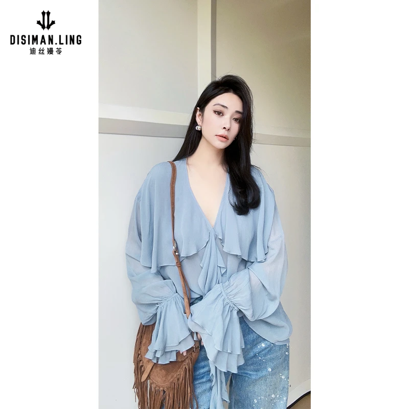 迪丝嫚苓蓝色梭织上衣气质长袖时尚夏季女士设计师原创小众优雅感
