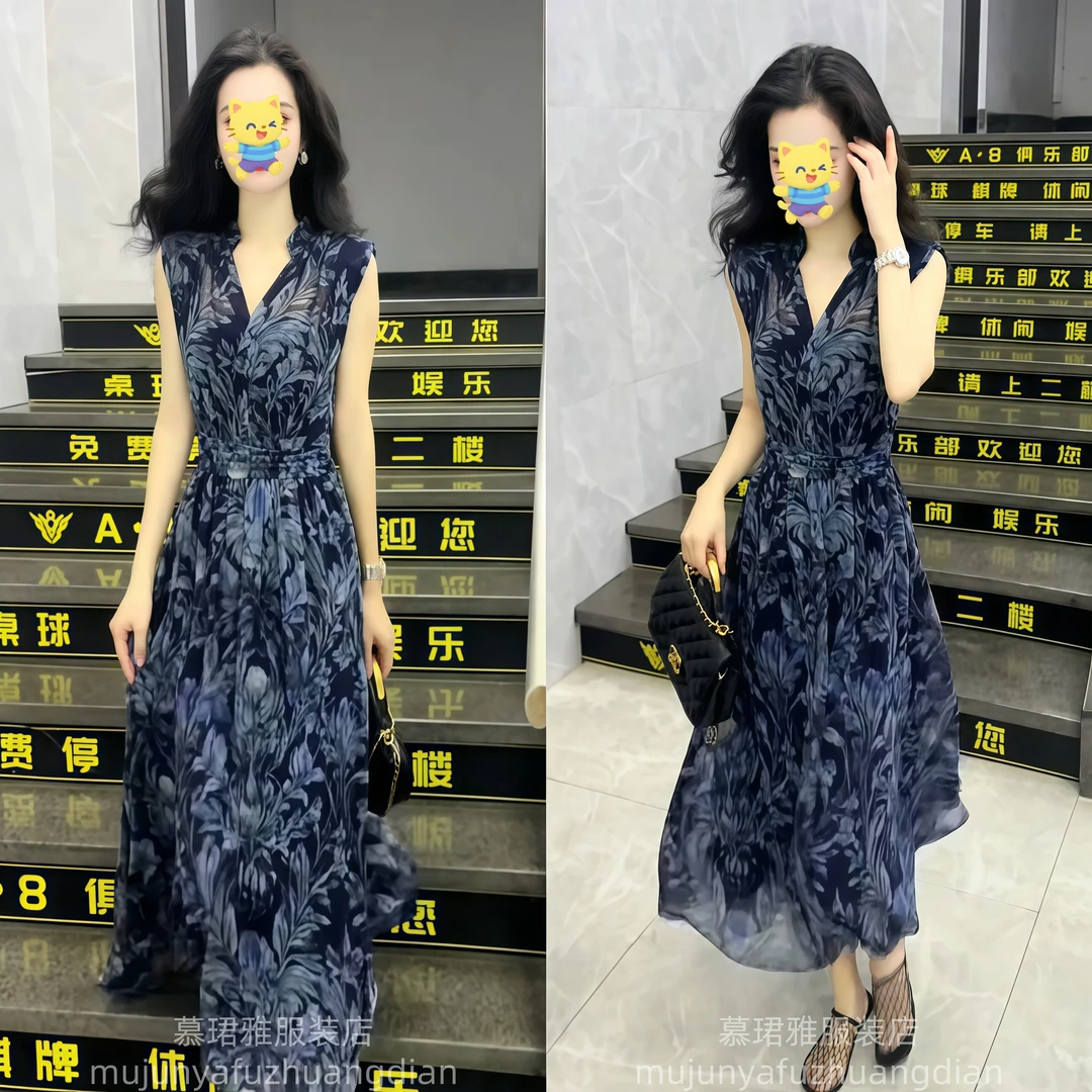 法式气质轻奢2025夏新款高腰显瘦连衣裙收腰系带后开叉气质长裙