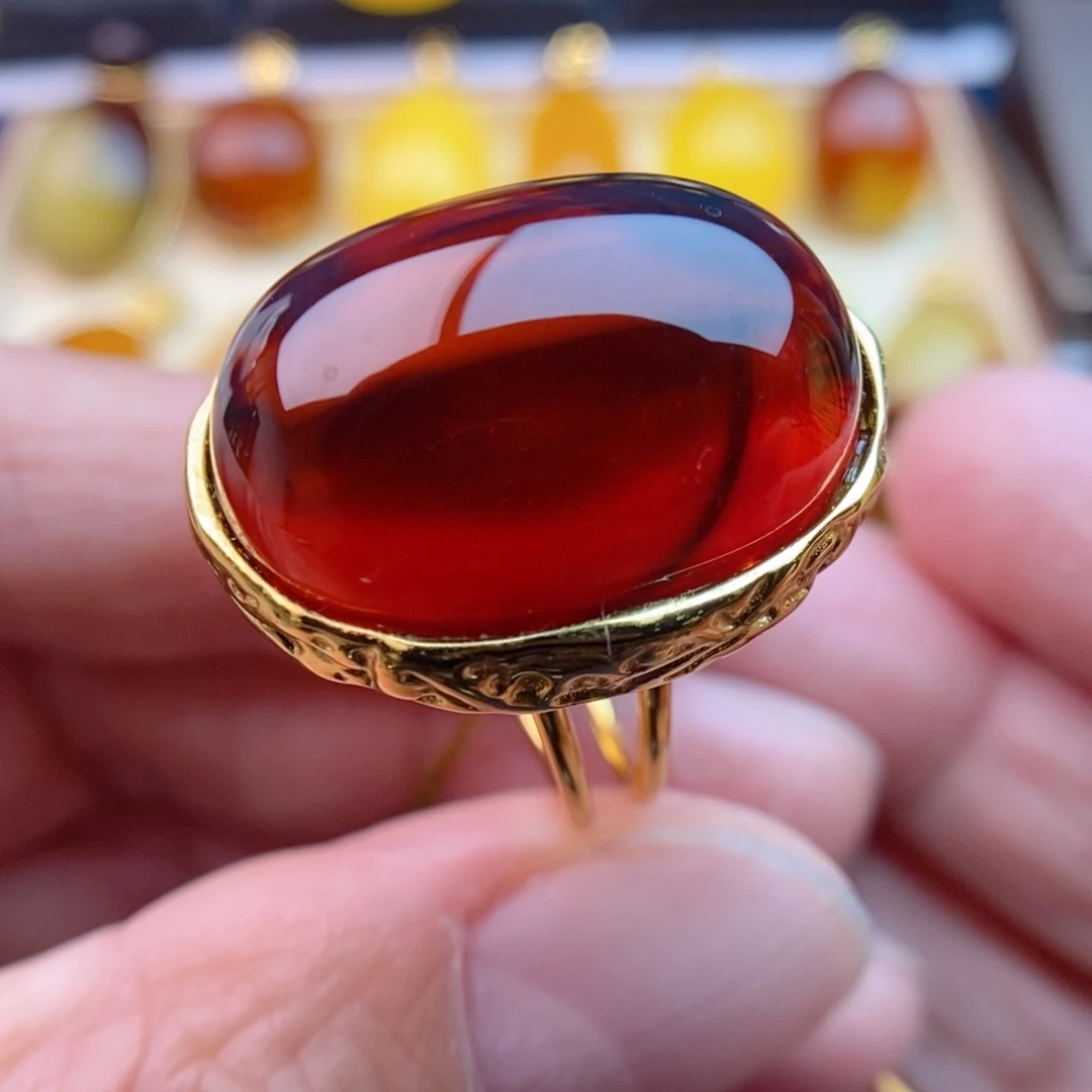 琥珀戒指银S925镀金镶嵌