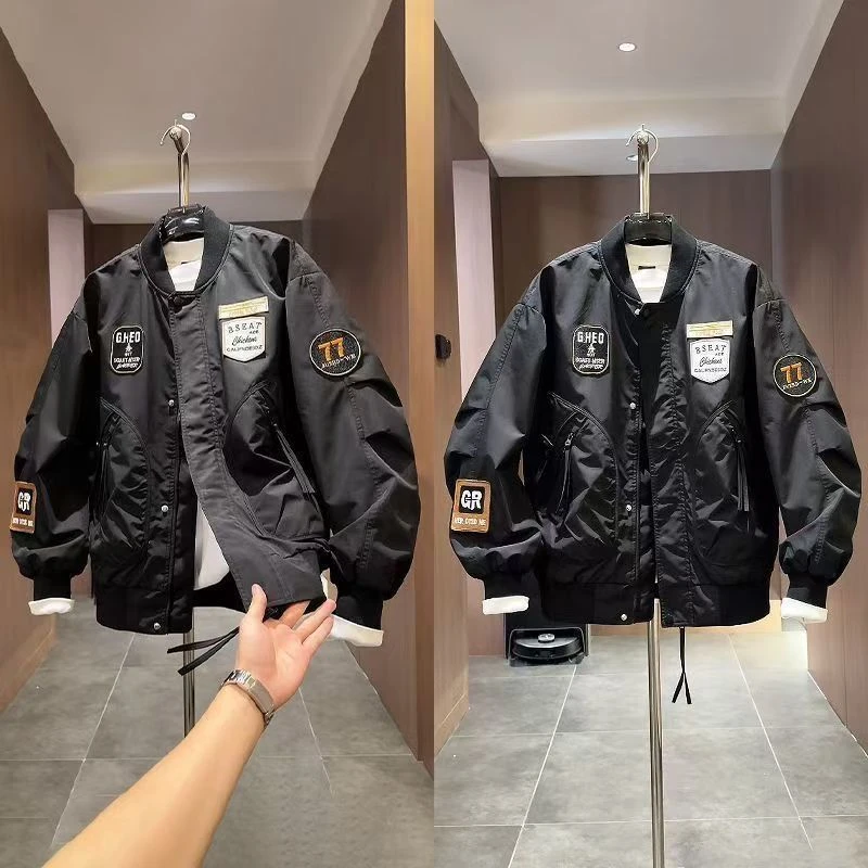 潮牌美式休闲痞帅工装外套男士春秋季新款轻奢百搭拼接棒球服夹克