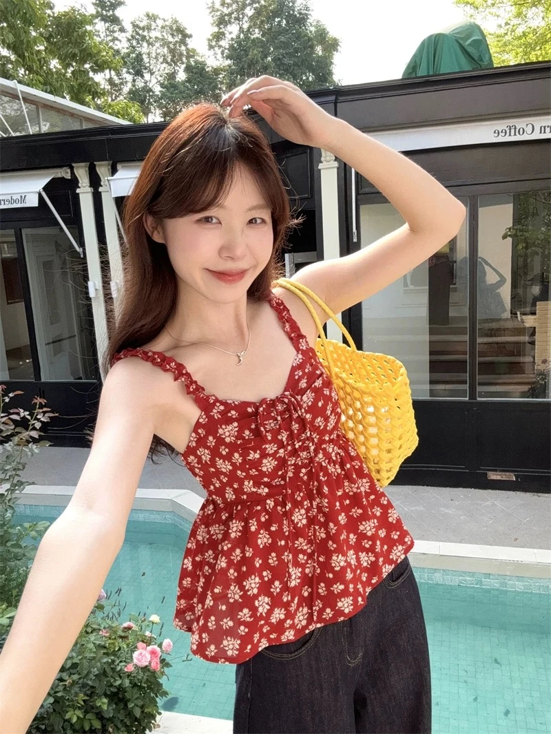 2025新款纯欲甜辣碎花抽绳吊带背心开衫