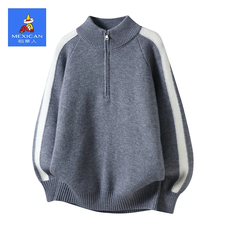 稻草人半拉链毛衣男秋冬新款撞色拼接加厚保暖针织衫简约百搭毛衫