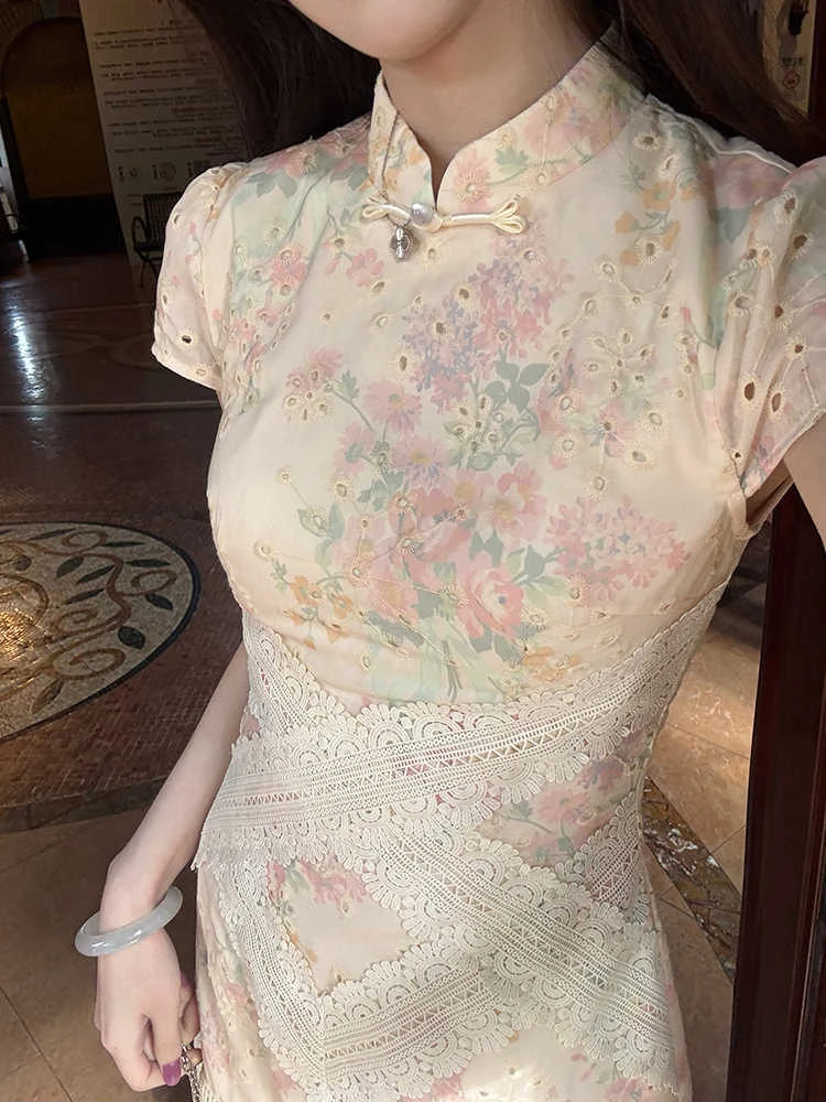 【月华绣影】新中式假两件印花改良旗袍2025夏蕾丝拼接镂空旗袍裙