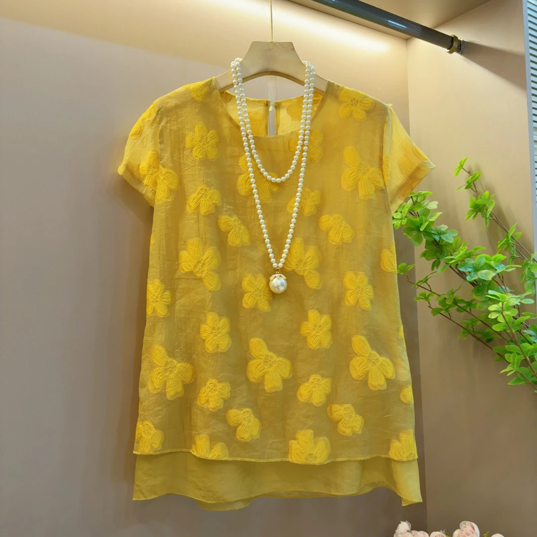 2025年时尚气质夏季圆领休闲小香风百搭短袖上衣（衣长69左右）