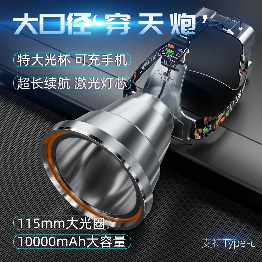 新款大功率头灯后置电池平衡灯探照矿灯白光黄光长续航夜钓强光灯