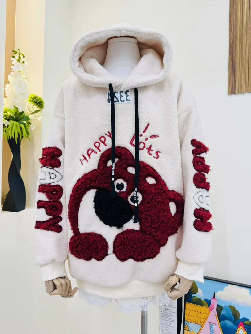 （3324）加绒卡通图案保暖卫衣2025新款秋冬刺绣连帽女韩版宽松显瘦