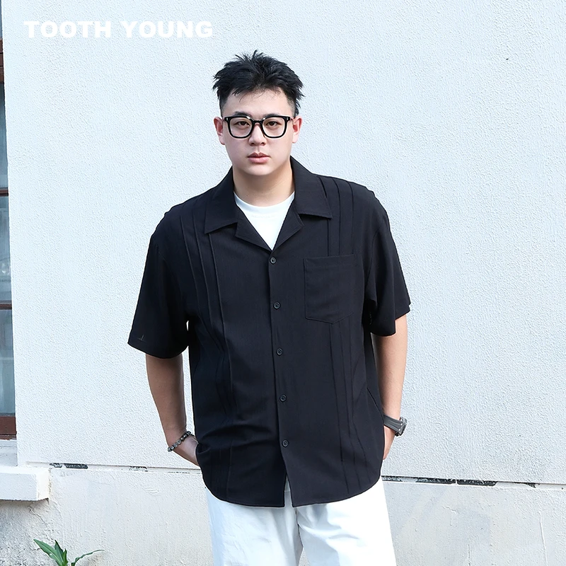 TOOTH YOUNG【冰氧呼吸】透气大码薄款褶皱衬衫夏季纯色宽松男短袖